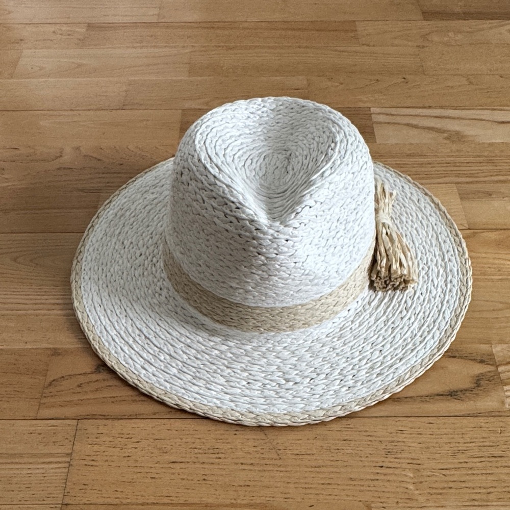 Stylish White Straw Hat with Tan Band one size